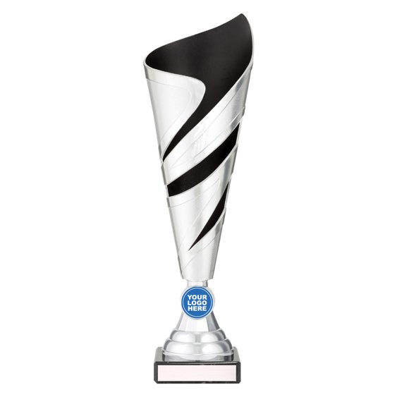 Small tall silver twist design cup trophy with black inner panel and circular logo insert on black base