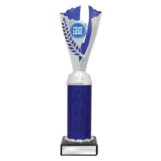 Extra large silver laurel trophy with blue textured insert, blue column centre and engraving plate on black base