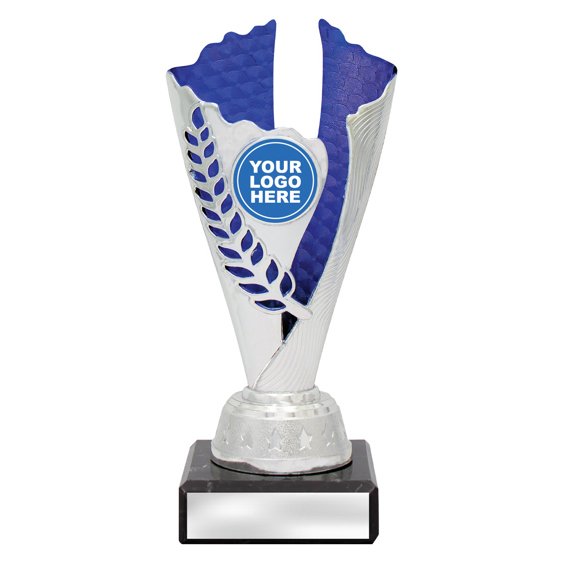 Extra small silver laurel trophy with blue textured insert, blue column centre and engraving plate on black base
