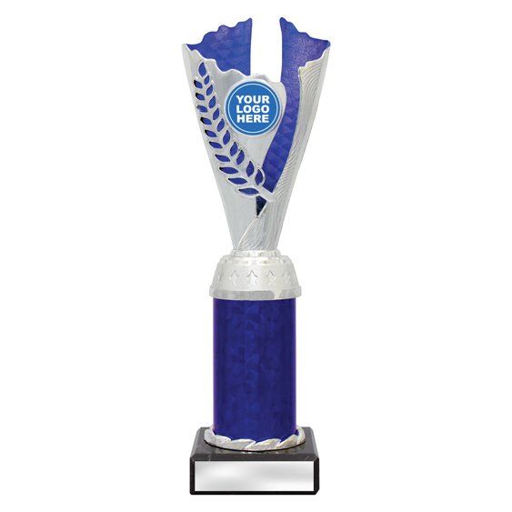 Large silver laurel trophy with blue textured insert, blue column centre and engraving plate on black base