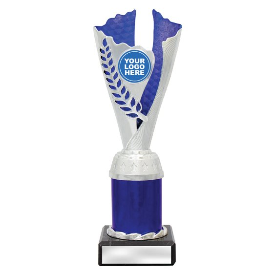 Medium silver laurel trophy with blue textured insert, blue column centre and engraving plate on black base