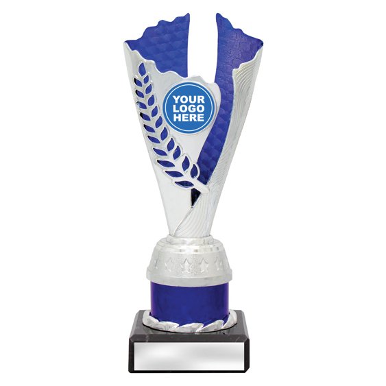 Small silver laurel trophy with blue textured insert, blue column centre and engraving plate on black base