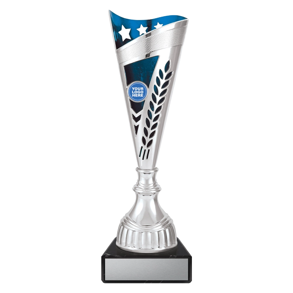 Extra large silver cup trophy with blue top panel star detail and laurel cutout design on black base with blank engraving plate