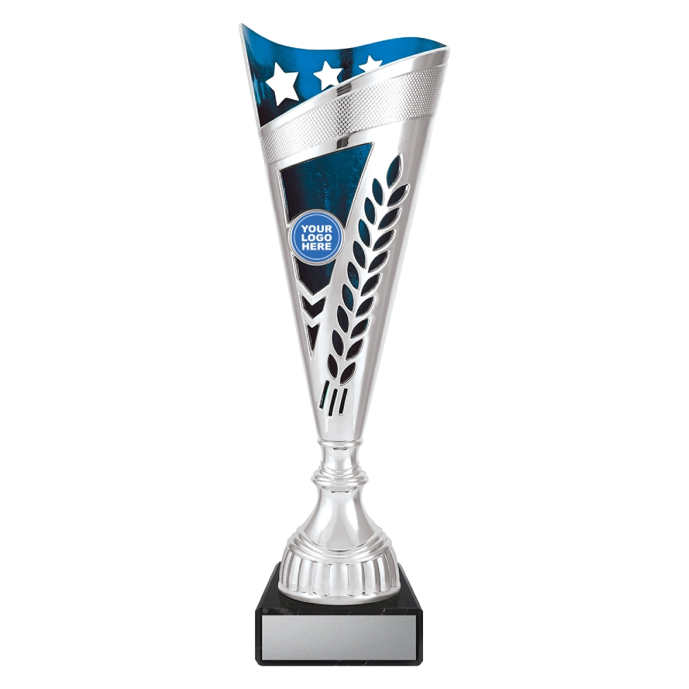 Medium silver cup trophy with blue top panel star detail and laurel cutout design on black base with blank engraving plate