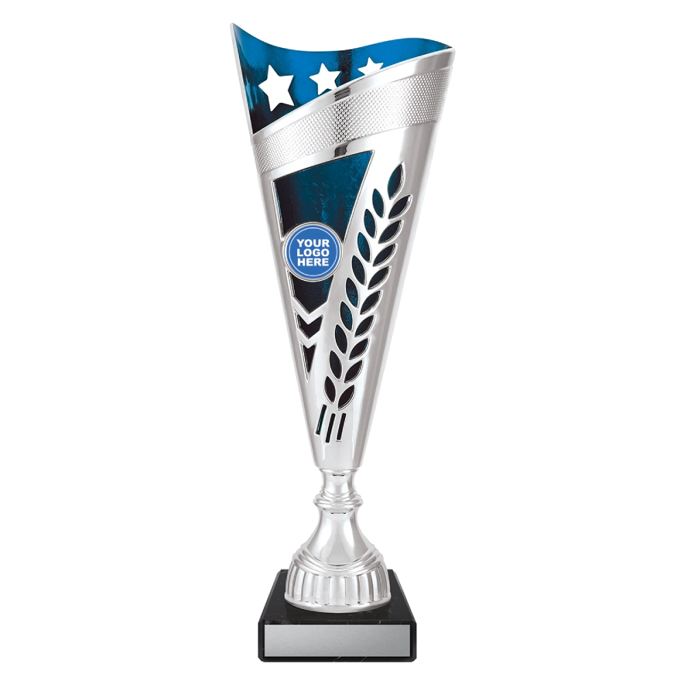 Small silver cup trophy with blue top panel star detail and laurel cutout design on black base with blank engraving plate