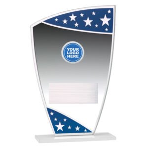 Silver acrylic award plaque with blue star panels logo insert and blank engraving plate on clear base