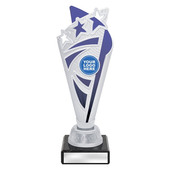 Extra small silver star burst trophy with blue panel and blue column on black base with blank engraving plate