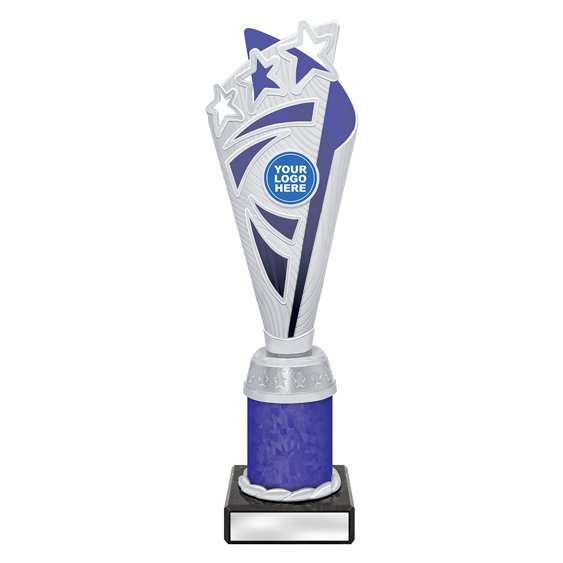 Medium silver star burst trophy with blue panel and blue column on black base with blank engraving plate