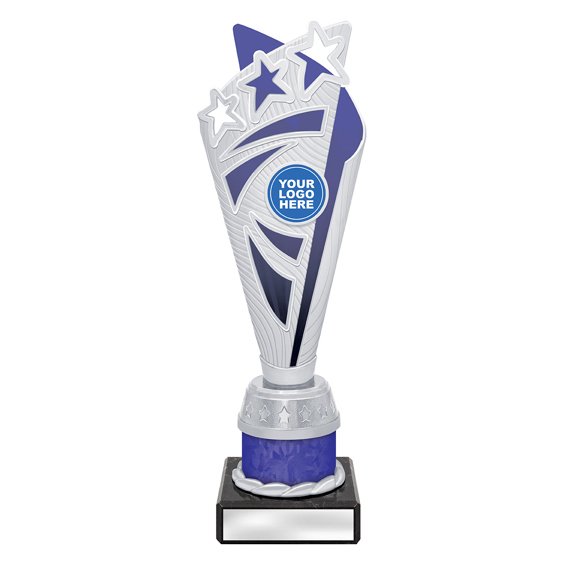Small silver star burst trophy with blue panel and blue column on black base with blank engraving plate