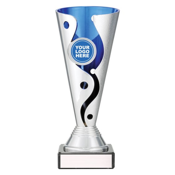 Large silver cup trophy with blue inner panel and swirl cutout design on black base with blank engraving plate