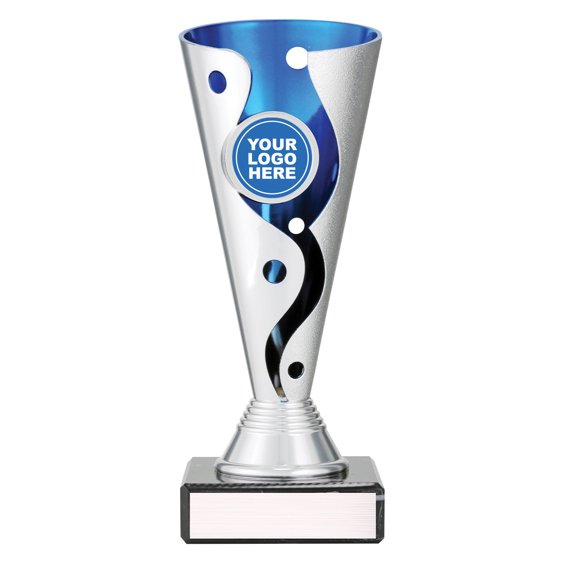 Medium silver cup trophy with blue inner panel and swirl cutout design on black base with blank engraving plate