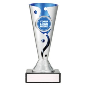 Small silver cup trophy with blue inner panel and swirl cutout design on black base with blank engraving plate