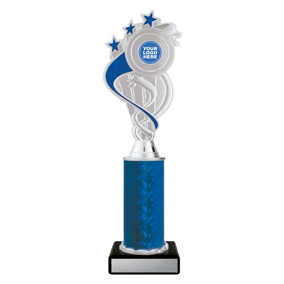 Extra large silver swirl star trophy with blue ribbon detail, blue column centre and engraving plate on black base