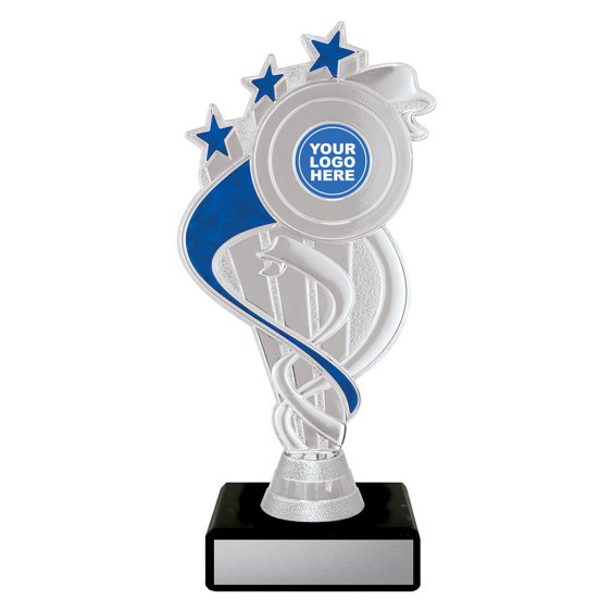 Extra small silver swirl star trophy with blue ribbon detail, blue column centre and engraving plate on black base