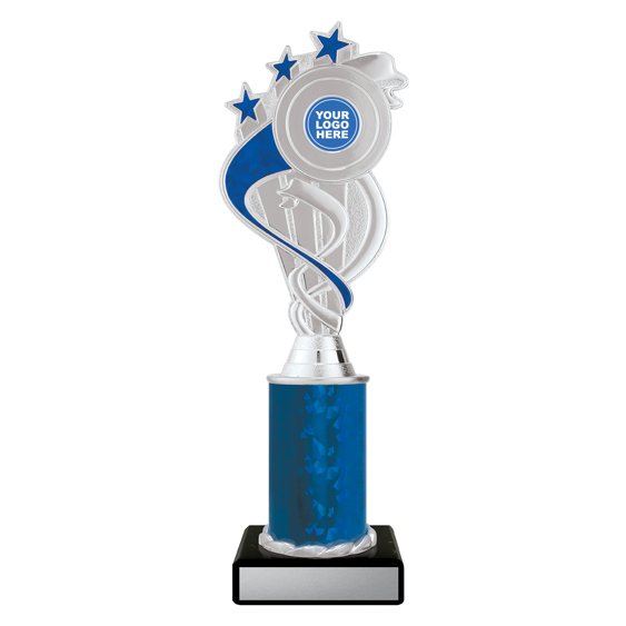 Large silver swirl star trophy with blue ribbon detail, blue column centre and engraving plate on black base