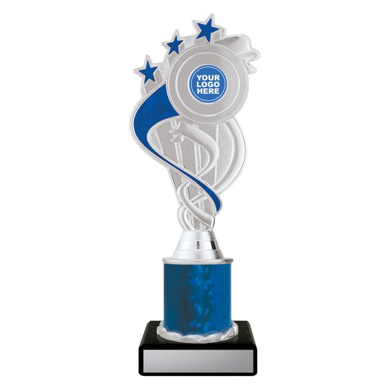 Medium silver swirl star trophy with blue ribbon detail, blue column centre and engraving plate on black base