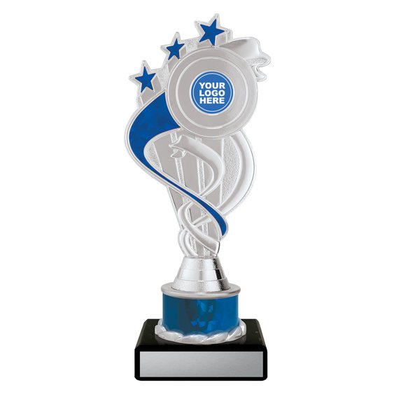 Small silver swirl star trophy with blue ribbon detail, blue column centre and engraving plate on black base
