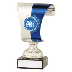 Small silver and blue swirl trophy with circular logo insert on black base with blank engraving plate