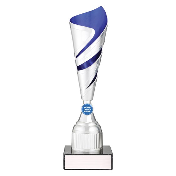 Extra large tall silver twist design cup trophy with blue inner panel and circular logo insert on black base