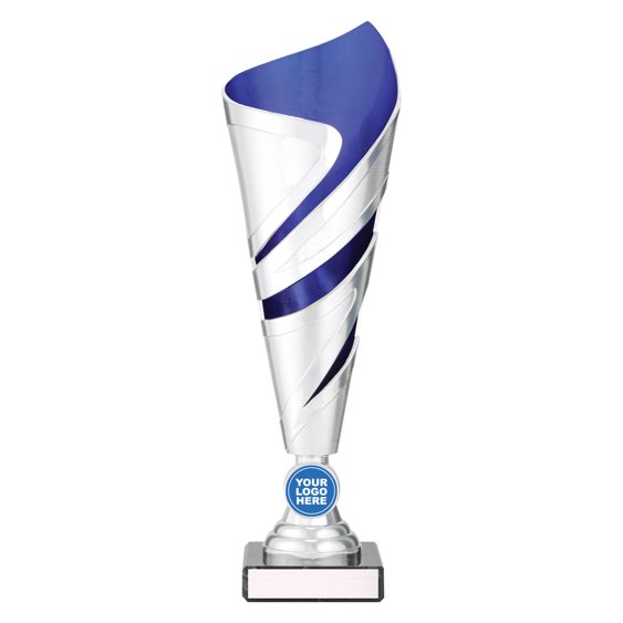 Extra small tall silver twist design cup trophy with blue inner panel and circular logo insert on black base