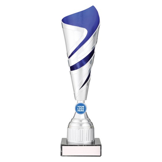 Large tall silver twist design cup trophy with blue inner panel and circular logo insert on black base