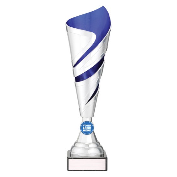 Medium tall silver twist design cup trophy with blue inner panel and circular logo insert on black base