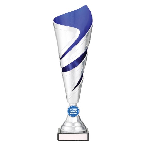 Small tall silver twist design cup trophy with blue inner panel and circular logo insert on black base