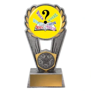 Small silver and gold resin trophy with quiz theme insert holder, star shield detail and gold engraving plate on marble base