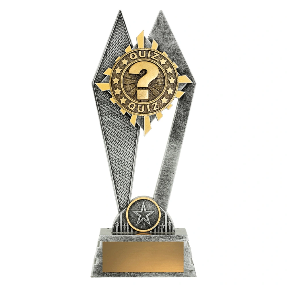 Large silver and gold resin quiz trophy with question mark medal design, star detail and gold engraving plate on marble base