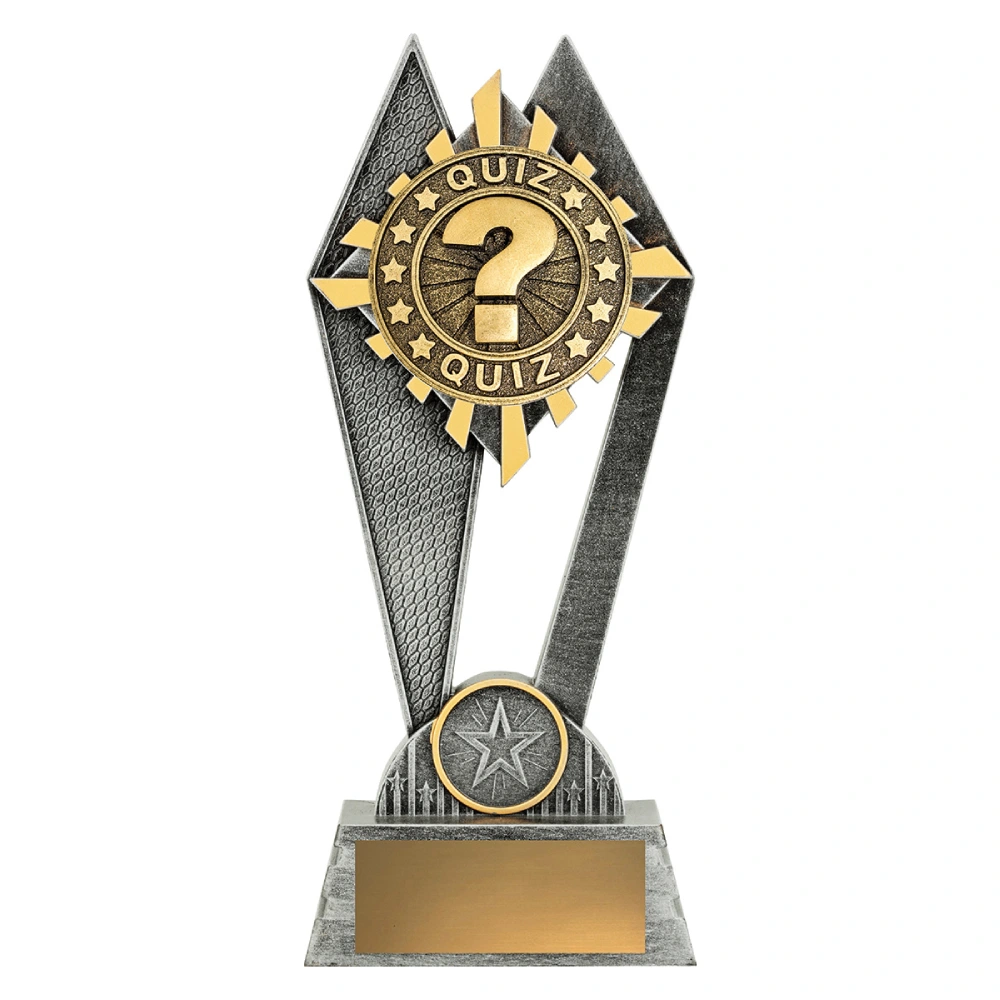 Medium silver and gold resin quiz trophy with question mark medal design, star detail and gold engraving plate on marble base