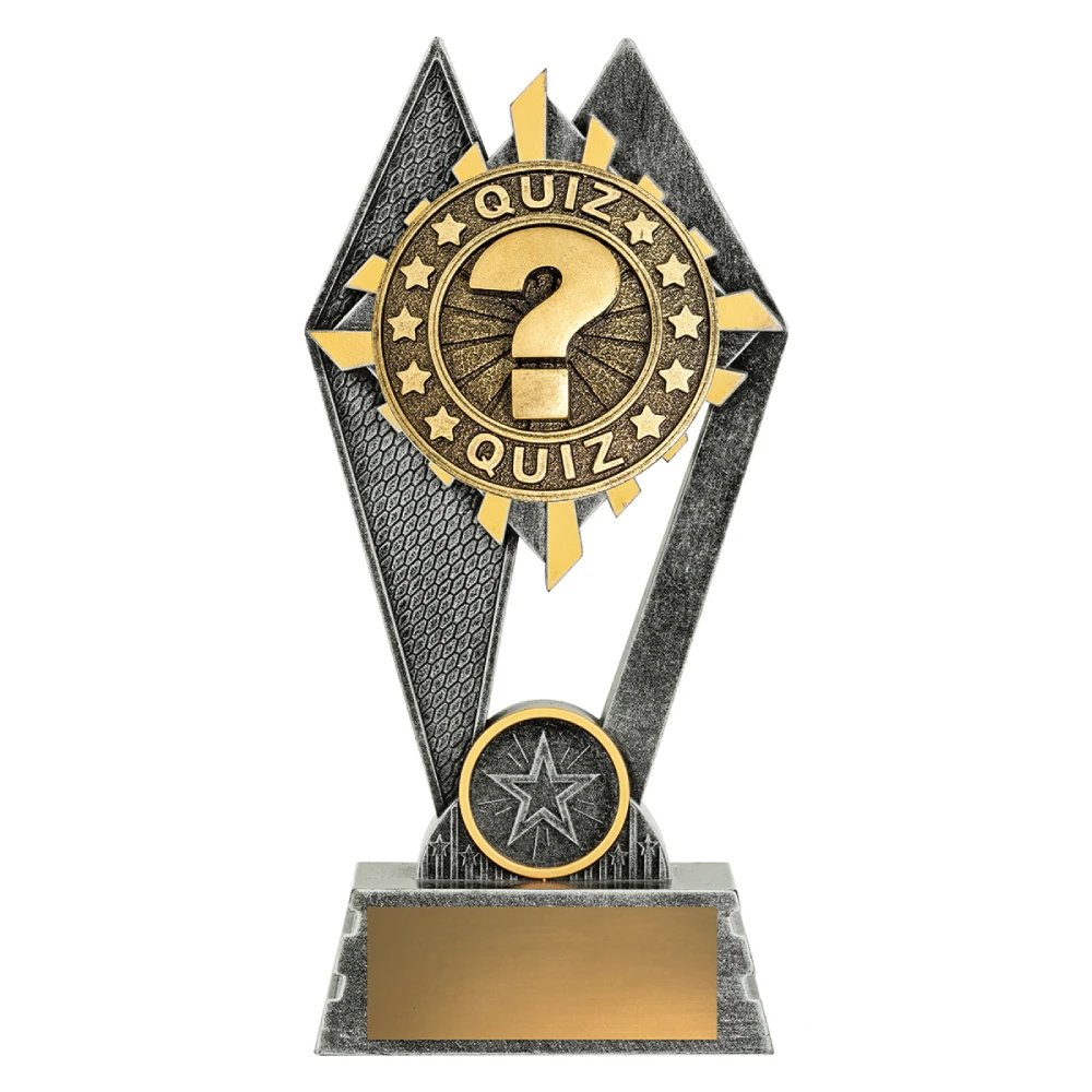Small silver and gold resin quiz trophy with question mark medal design, star detail and gold engraving plate on marble base