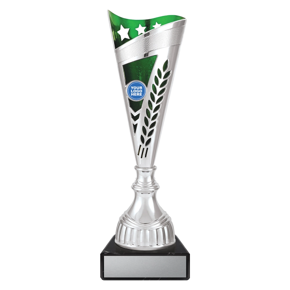 Extra large silver cup trophy with green top panel star detail and laurel cutout design on black base with blank engraving plate