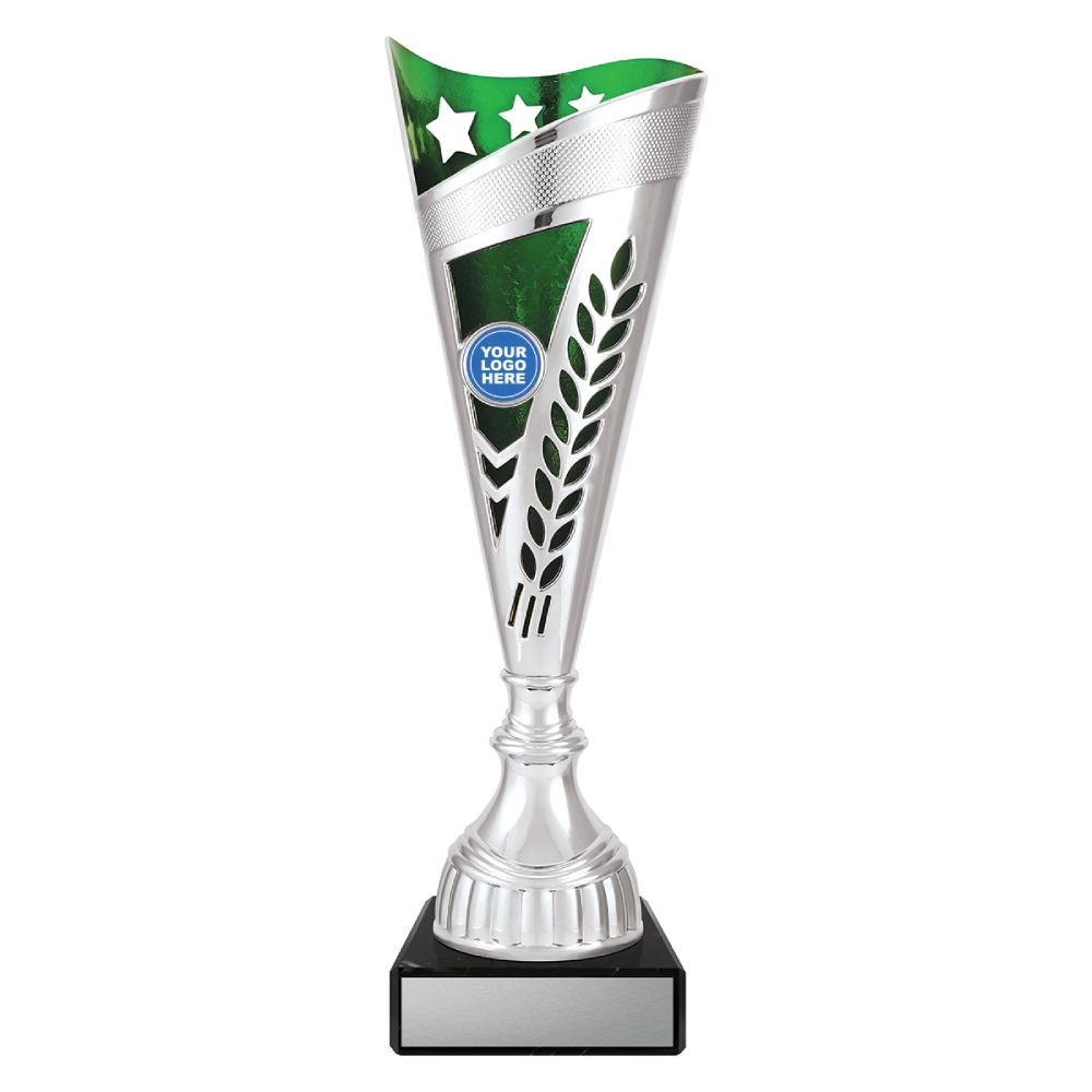 Large silver cup trophy with green top panel star detail and laurel cutout design on black base with blank engraving plate
