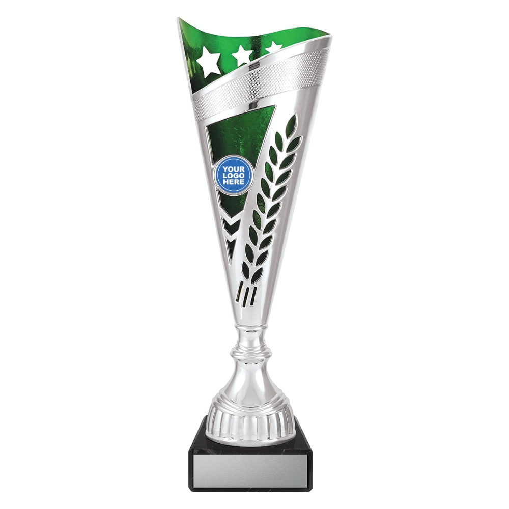 Medium silver cup trophy with green top panel star detail and laurel cutout design on black base with blank engraving plate