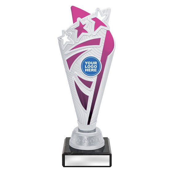 Extra small silver star burst trophy with pink panel and pink column on black base with blank engraving plate