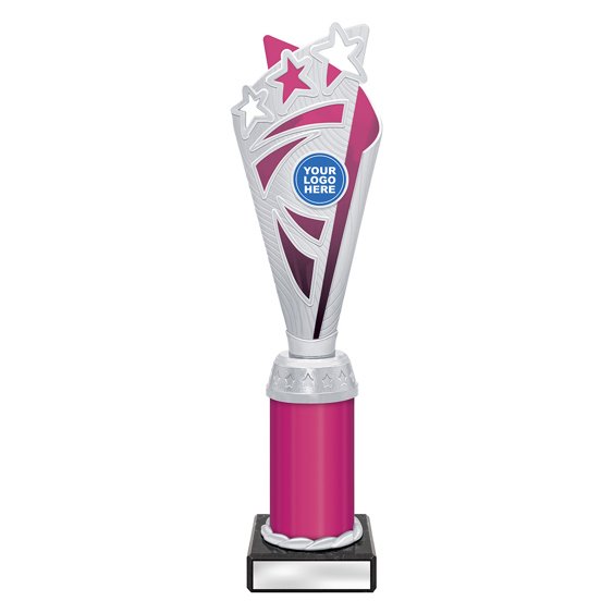 Large silver star burst trophy with pink panel and pink column on black base with blank engraving plate