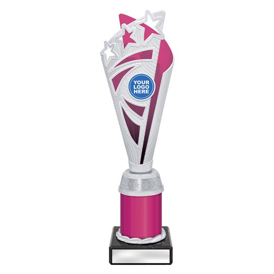 Medium silver star burst trophy with pink panel and pink column on black base with blank engraving plate