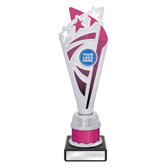 Small silver star burst trophy with pink panel and pink column on black base with blank engraving plate