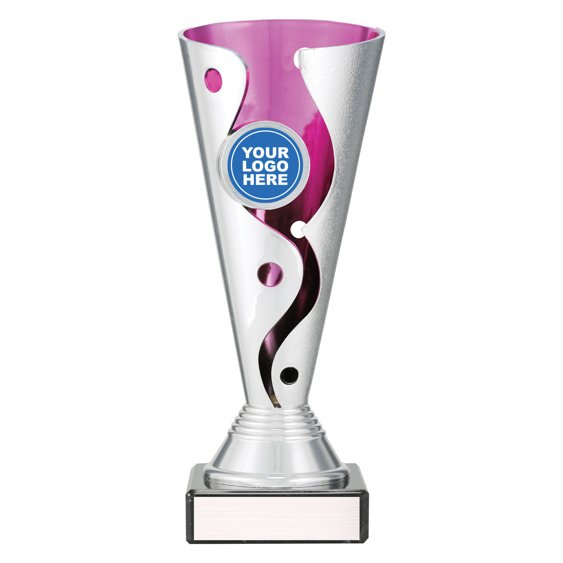 Large silver cup trophy with pink inner panel and swirl cutout design on black base with blank engraving plate