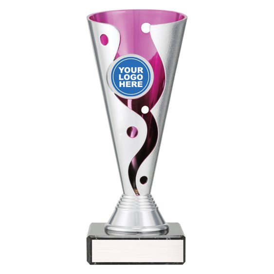 Medium silver cup trophy with pink inner panel and swirl cutout design on black base with blank engraving plate