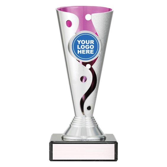 Small silver cup trophy with pink inner panel and swirl cutout design on black base with blank engraving plate