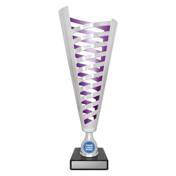 Extra small tall silver lattice design cup trophy with purple inner panel and circular logo insert on black base