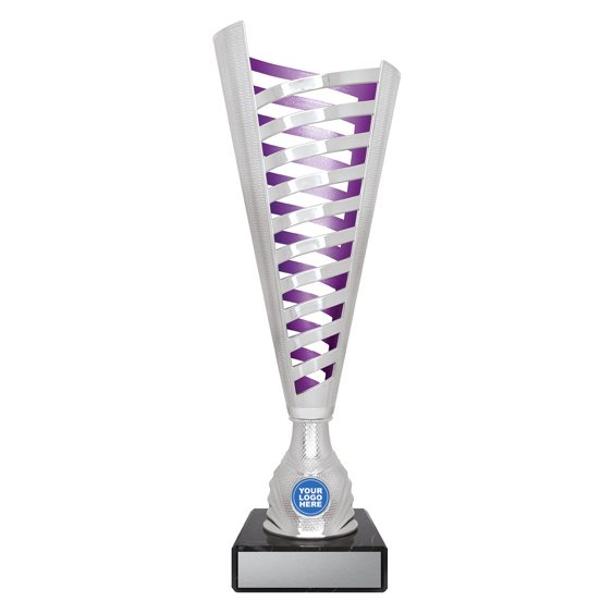 Large tall silver lattice design cup trophy with purple inner panel and circular logo insert on black base