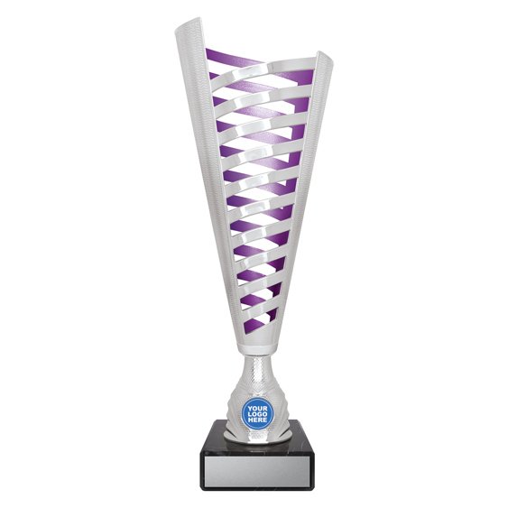 Medium tall silver lattice design cup trophy with purple inner panel and circular logo insert on black base