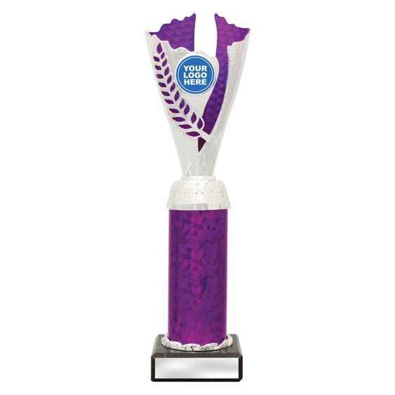 Extra large silver laurel trophy with purple textured insert, purple column centre and engraving plate on black base