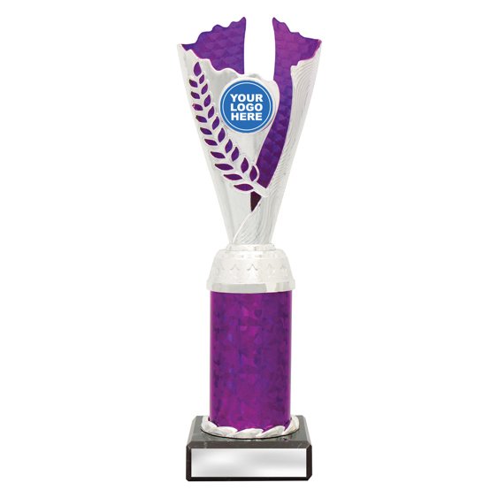 Large silver laurel trophy with purple textured insert, purple column centre and engraving plate on black base
