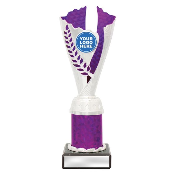 Medium silver laurel trophy with purple textured insert, purple column centre and engraving plate on black base