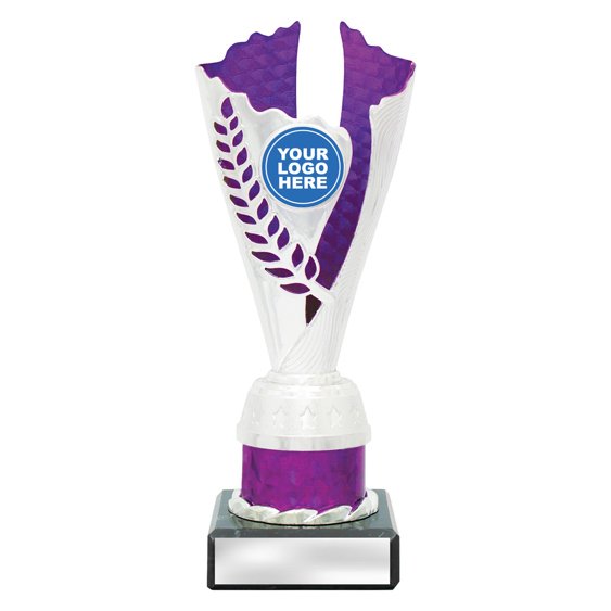 Small silver laurel trophy with purple textured insert, purple column centre and engraving plate on black base