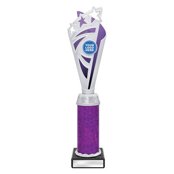 Extra large silver star burst trophy with purple panel and purple column on black base with blank engraving plate
