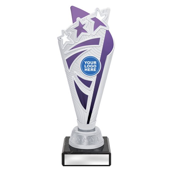 Extra small silver star burst trophy with purple panel and purple column on black base with blank engraving plate